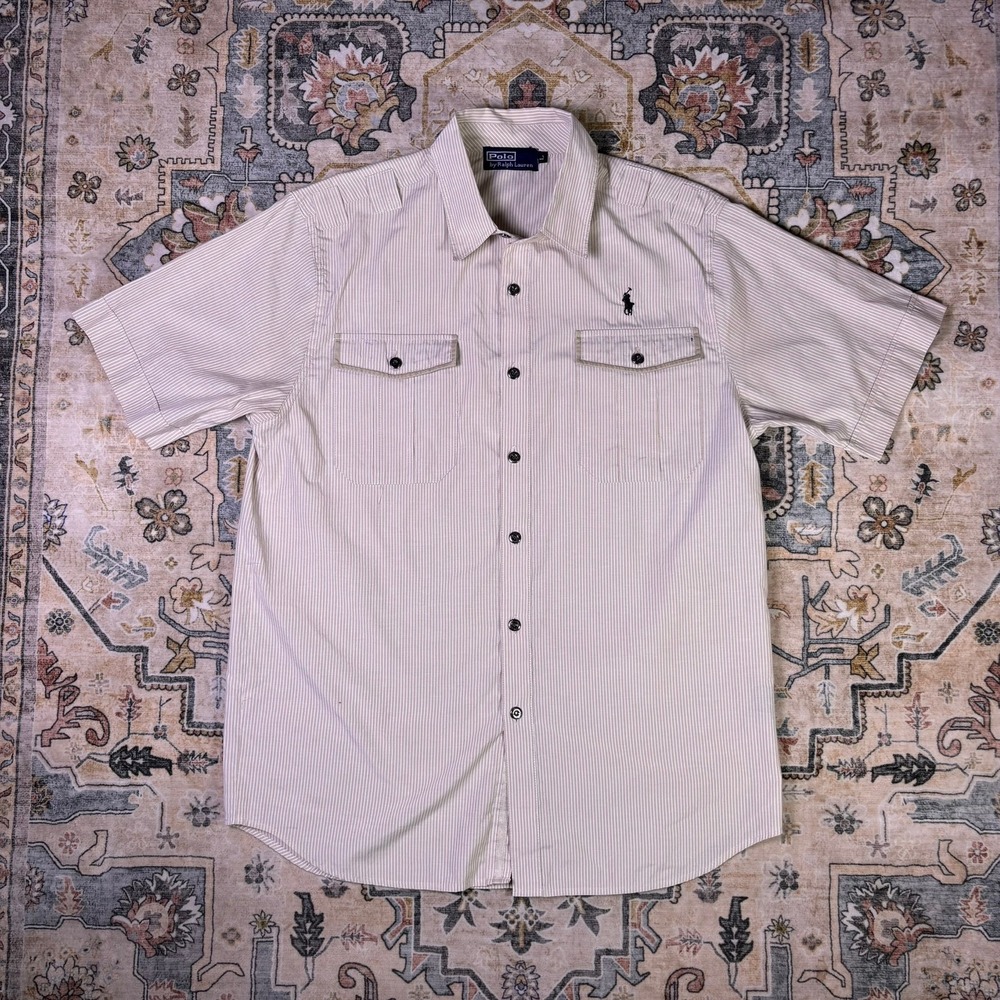 Vintage Polo Ralph Lauren Men Large Tan Pinstripe Short Sleeve Button Down Shirt